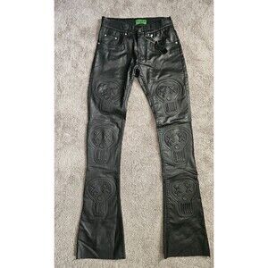 Villains Was Here Skull Pants 28 Black Faux Leather Punk Goth Streetwear Flare